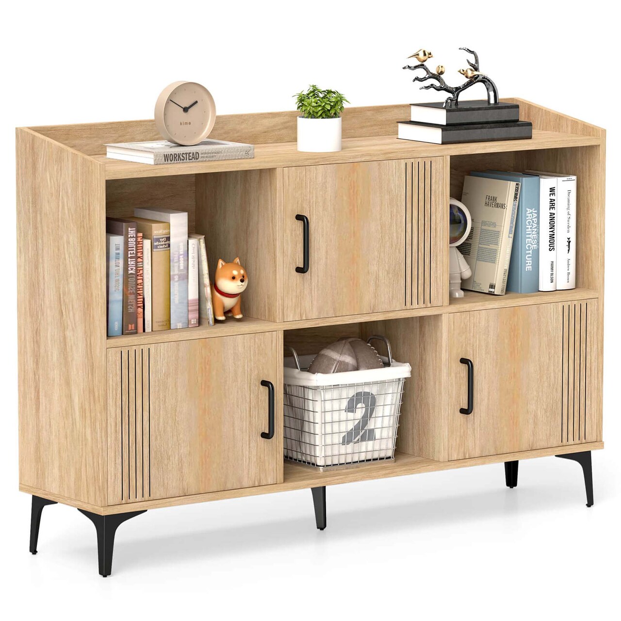 Costway 47" Wide Storage Cabinet Home Large Bookcase with 3 Door Cabinets & Open Shelves